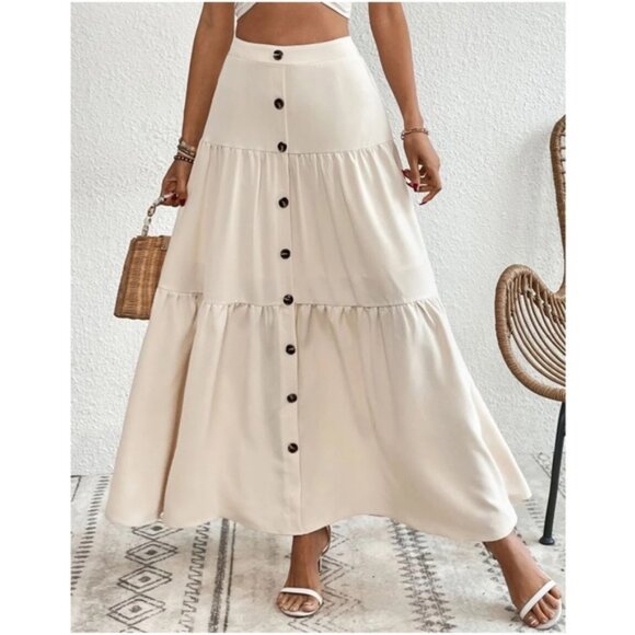Solid High Waist Button Detail Ruffle Hem Maxi Skirt - Picture 1 of 2
